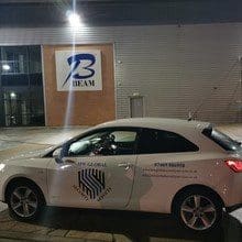 alarm response security service attending an alarm activation at a warehouse.
