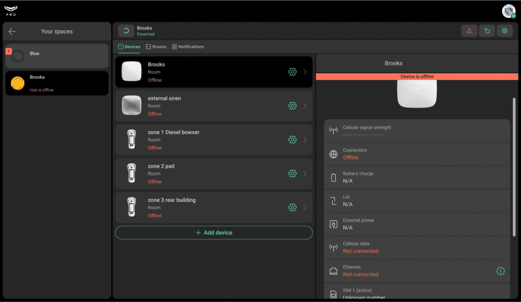 Ajax PRO Desktop showing monitored device health and connection status