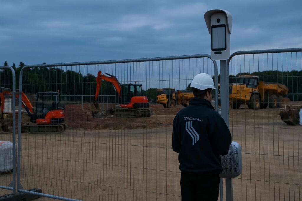MW Global Security guard completing a site patrol locking gate and setting a temp Ajax alarm system