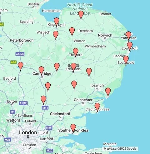 Map of security services service area MW Global Security East Anglia security