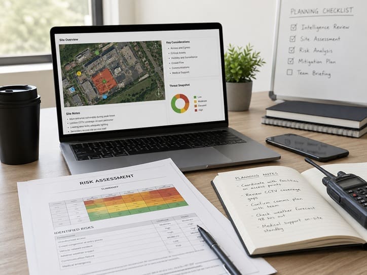 Security research workspace showing site mapping, risk assessment and operational planning